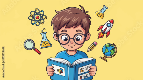 Young student reads book surrounded by science and education symbols
