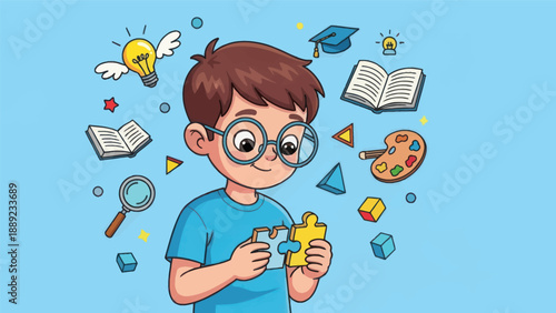 Young student solving a puzzle with education symbols in a cartoon illustration