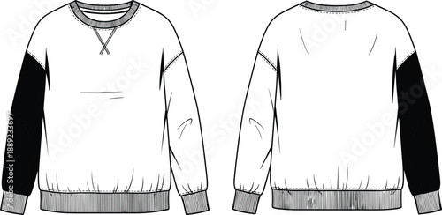 Crewneck sweatshirt fashion template front and back view, contrast sleeve casual pullover design mockup for apparel designers, streetwear and sportswear illustration