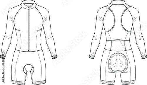 Cycling skinsuit illustration, long sleeve bike racing apparel flat drawing, padded seat design, front and back view fashion vector template