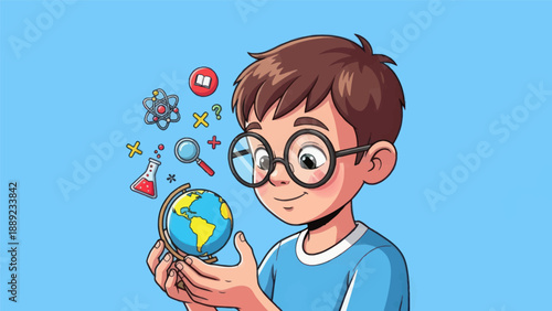 Young student studying earth globe with education icons concept illustration