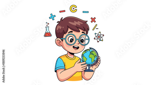 Young student studying globe with science and math symbols illustration