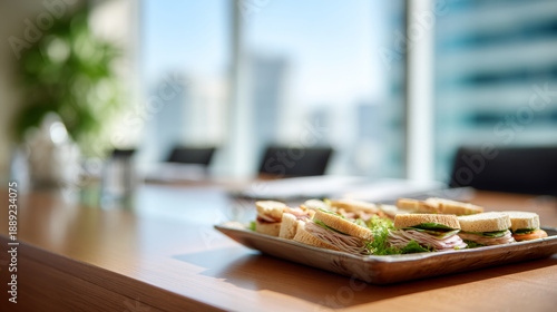 Tray of assorted sandwiches with deli meats and lettuce on wooden table in modern meeting room with blurred cityscape background