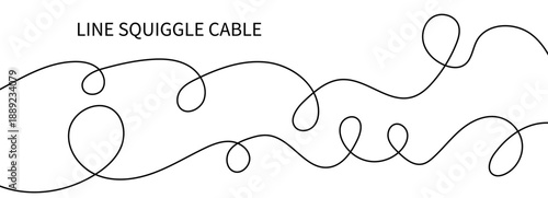 Abstract curve line wavy and curvy, with a thin drawing of a squiggle, cable, and long hand design for a squiggly and curly border. Black vector wire on a white banner background, a horizontal.