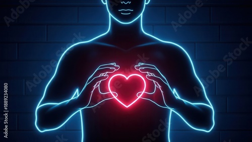 Wallpaper Mural Vibrant neon human outline cradling a luminous red heart symbolizing love and vital well-being Torontodigital.ca