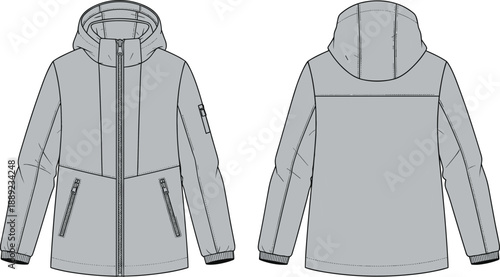 Hooded jacket technical flat sketch, front and back apparel template, outerwear fashion illustration for clothing design, winter garment blueprint, merchandising visuals