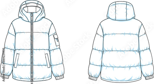 Kids hooded puffer jacket illustration, front and back view, detailed winter outerwear fashion template for clothing design, product development, and garment production
