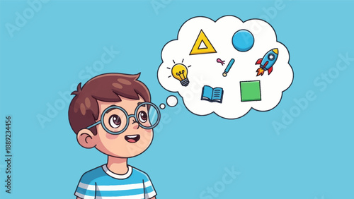 Young student with glasses contemplates educational shapes and symbols