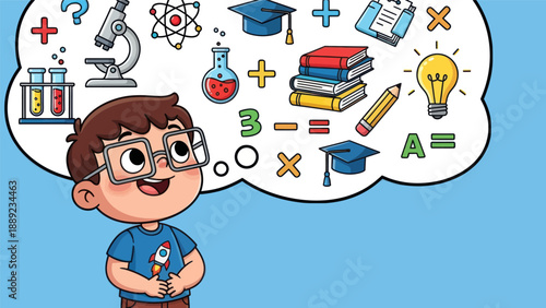 Young student with glasses contemplates education symbols representing learning
