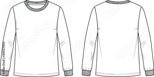 Long sleeve crewneck T-shirt illustration, front and back view apparel flat drawing, ribbed cuffs and collar, fashion garment vector template