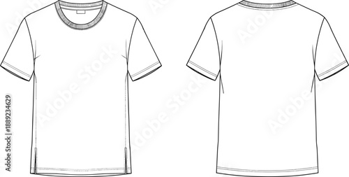 Minimal blank t-shirt mockup, front and back fashion flat sketch illustration, apparel template for clothing design, merchandising, print-on-demand, and branding presentations