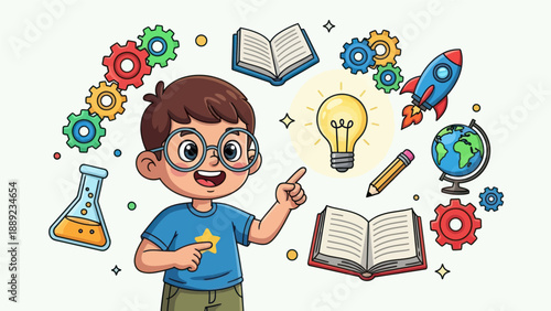 Young student with glasses pointing to the ideas of knowledge education