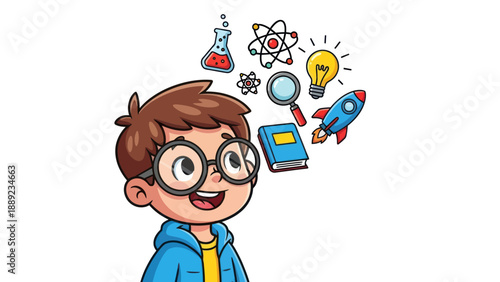 Young student with glasses imagining science and innovation on white background