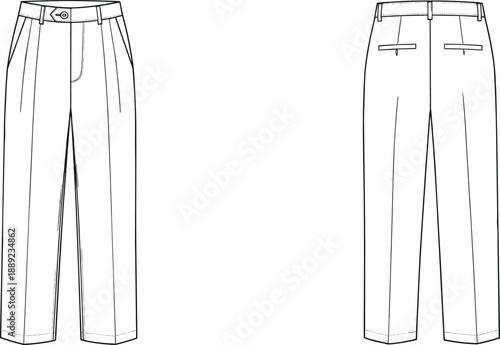 Pleated dress trousers technical flat sketch, front and back apparel template, menswear fashion illustration for clothing design, tailored garment blueprint, merchandising visuals