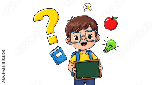 Young student with question mark and learning symbols against white background