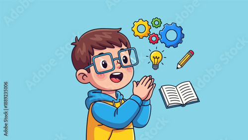 Young student with open book and thought bubbles representing knowledge