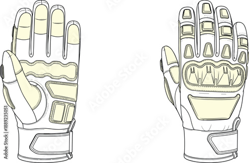 Protective motorcycle gloves flat sketch, front and back views with armored panels and padding, technical sports gear apparel design template illustration