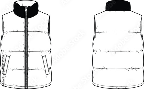 Puffer vest fashion template front and back view, sleeveless quilted outerwear mockup with stand collar for apparel designers, winter clothing illustration