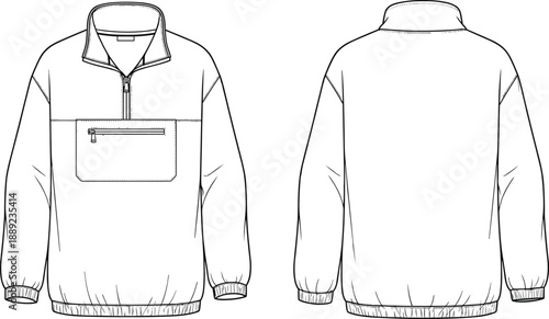 Quarter zip pullover illustration, front and back view apparel flat drawing, chest pocket design, fashion vector template for clothing designers