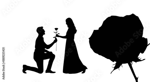 A romantic silhouette of a man proposing with a rose to a woman on a white background