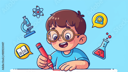 Young student writing with red pencil surrounded by science icons vector art