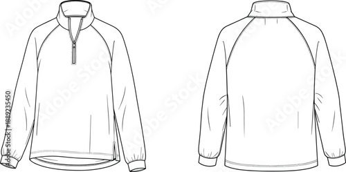 Quarter-zip pullover technical flat sketch, front and back apparel template, fashion illustration for clothing design, sportswear garment blueprint, merchandising visuals
