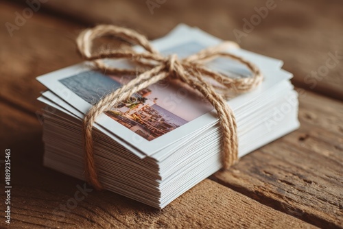 stack of polaroid photos tied with ribbon, nostalgic vibe, warm film tones