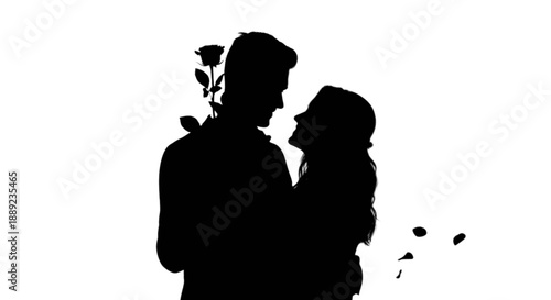 Romantic silhouette of a loving couple embracing tenderly with a single rose