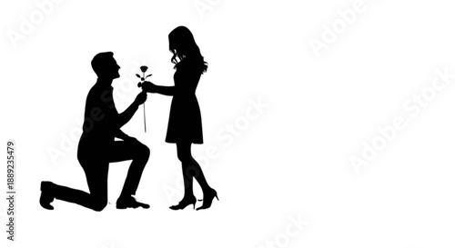 Romantic silhouette of a man kneeling and offering a rose to a woman