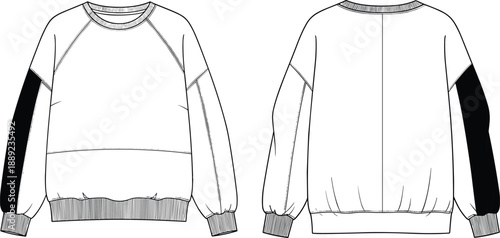 Raglan crewneck sweatshirt fashion template front and back view, contrast sleeve casual pullover design mockup for apparel designers and streetwear illustration