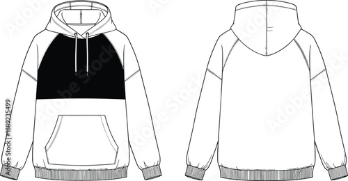 Raglan colorblock hoodie fashion template front and back view, pullover sweatshirt mockup with kangaroo pocket for apparel designers, streetwear and activewear illustration