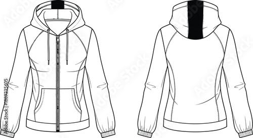 Raglan zip hoodie fashion template front and back view, fitted sweatshirt mockup with kangaroo pockets and contrast hood panel for apparel designers