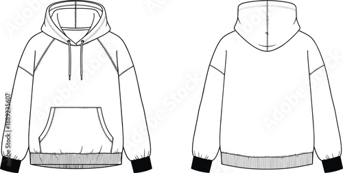 Raglan hoodie fashion template front and back view, pullover sweatshirt mockup with kangaroo pocket for apparel designers, streetwear and activewear illustration