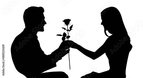 A loving silhouette of a man offering a beautiful rose to a woman as a romantic gesture