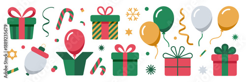 Flat Christmas party icon set with gifts and balloons – Great for seasonal newsletters, holiday web design, or corporate greeting cards.