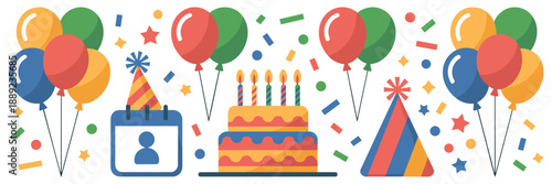 Festive office birthday party elements in flat design – Suitable for greeting cards, internal communications, or birthday posters.