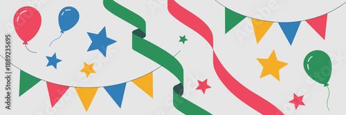 Flat party decoration vector with ribbons and flags – Suitable for school events, community festivals, or bright celebratory graphics.