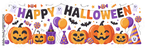 Halloween party vector elements and pumpkins – Ideal for spooky-cute holiday decorations, invitations, or seasonal social media graphics.