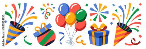 Vibrant surprise party elements with gift box – Suitable for greeting cards, festive product launches, or joy-themed advertising.