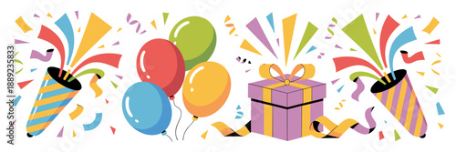 Surprise party vector set with confetti and balloons – Great for birthday announcements, celebration banners, or event planning content.