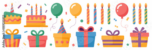 Modern birthday party icons with candles and confetti – Perfect for digital greeting cards, e-commerce sale banners, or lifestyle blogs.