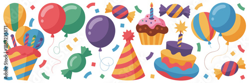 Playful kids birthday icons with candy and balloons – Great for celebratory blog posts, educational printables, or family lifestyle content.