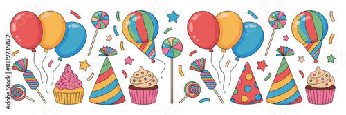 Kids birthday party elements with cupcakes and hats – Suitable for children's event planning, nursery school materials, or toy branding.