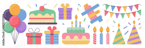 Birthday cake slices and gift boxes vector set – Ideal for anniversary graphics, bakery promotions, or milestone celebration content.