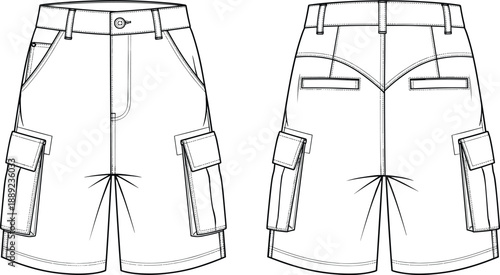 Technical cargo shorts apparel illustration, front and back view, detailed fashion template for clothing design, garment production, and product development