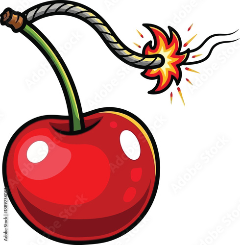 Cartoon cherry bomb with burning fuse and spark effects isolated on transparent background vector illustration sticker