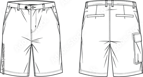Technical flat illustration of men’s cargo shorts front and back view with pockets, belt loops, stitching details, vector fashion template, apparel design
