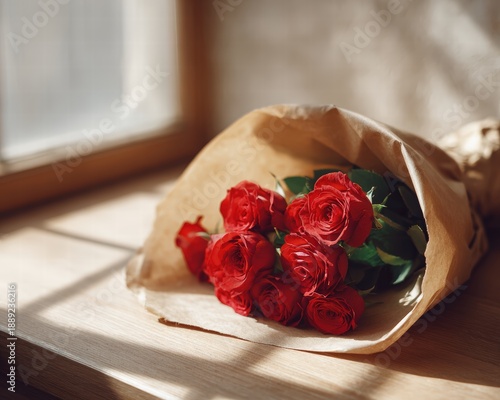 bouquet of red roses wrapped in matte craft paper on a wooden table, soft morning window light