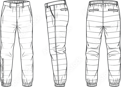 Technical flat illustration of padded jogger pants front side and back view with elastic cuffs, waistband, pockets, winter quilted fashion vector template