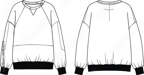 Technical flat illustration of oversized crewneck sweatshirt front and back with ribbed cuffs and hem, raglan sleeves, fashion vector apparel template